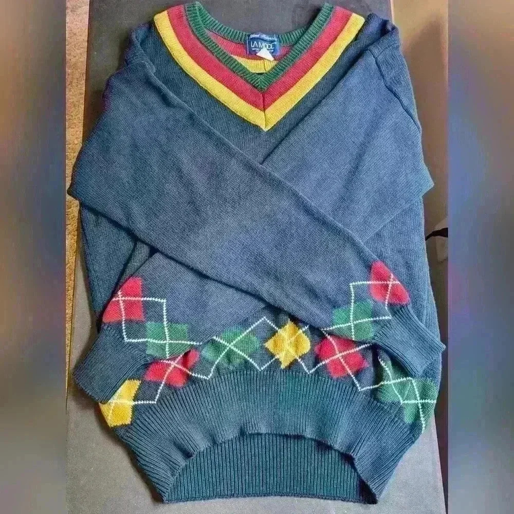 LA MODE Hand Intarsia Sweater Men's Extra Large Blue Argyle Cotton Vintage